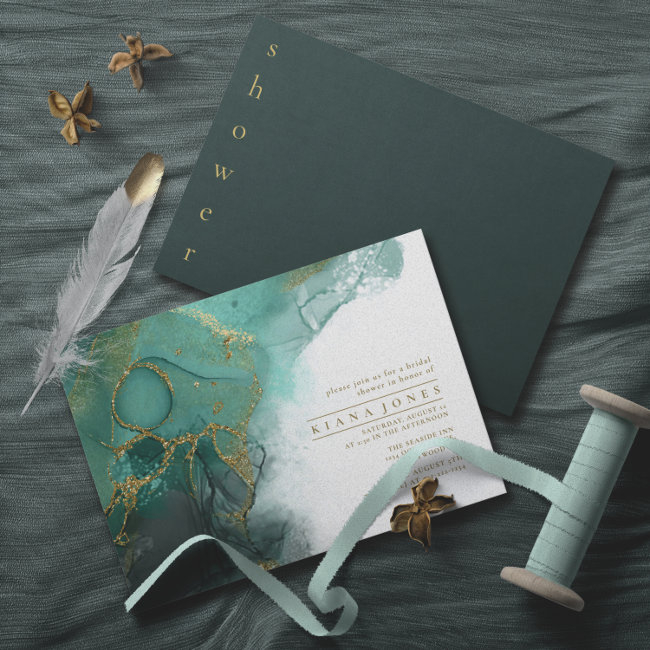 Moody Ink Emerald Gold Bridal Shower Id988 Invitation