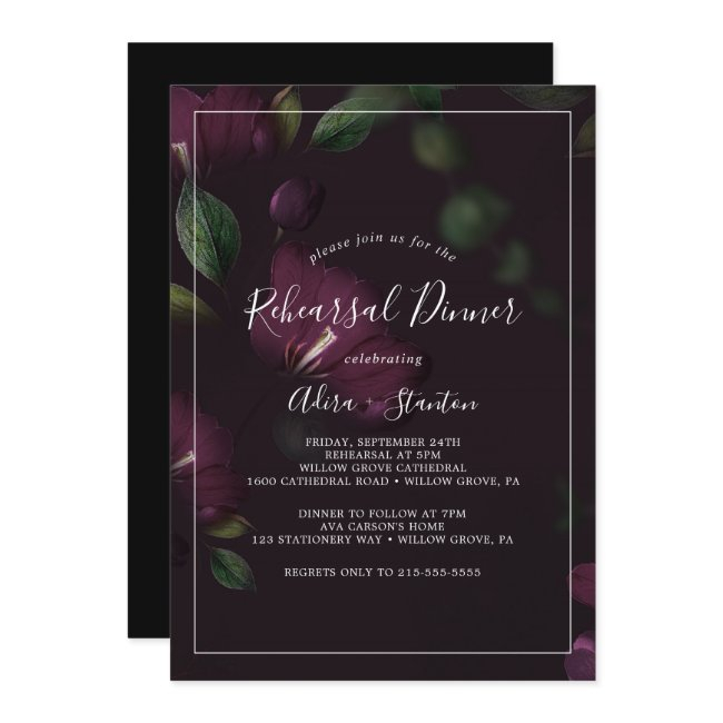 Moody Purple Blooms Pattern Rehearsal Dinner Invitation