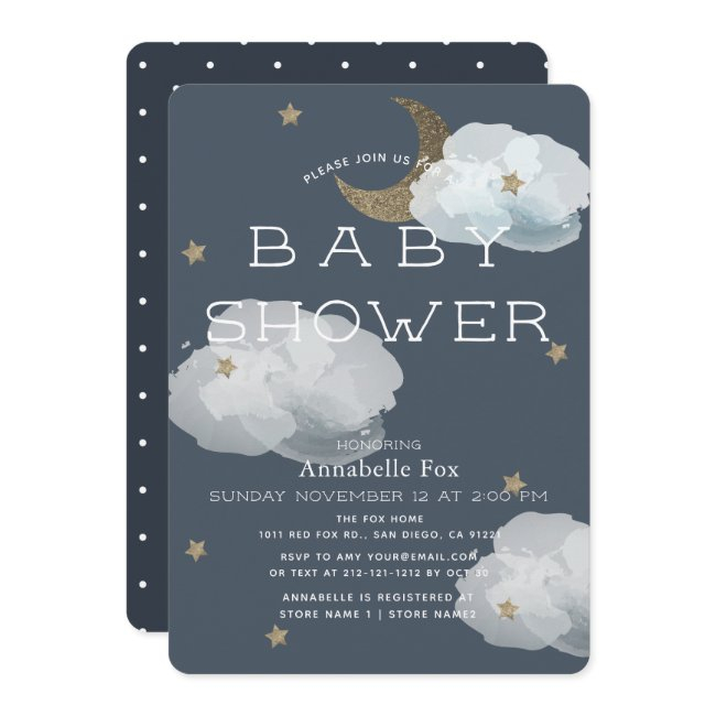 Moon, Stars & Clouds Navy Baby Shower Invitation