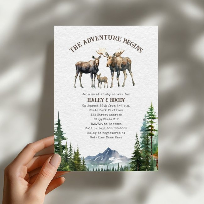 Moose Woodland Adventure Neutral Baby Shower Invitation