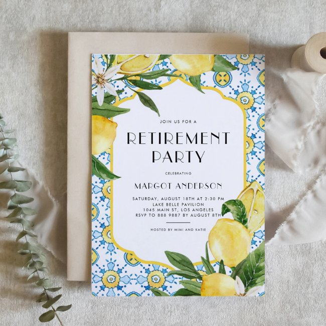 Moroccan Tile Pattern And Lemon Retirement Party Invitation