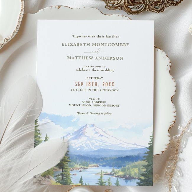 Mount Hood Oregon Watercolor Wedding Invitation
