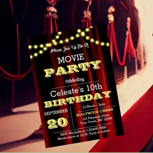 Movie Lights Yellow Birthday Invitation