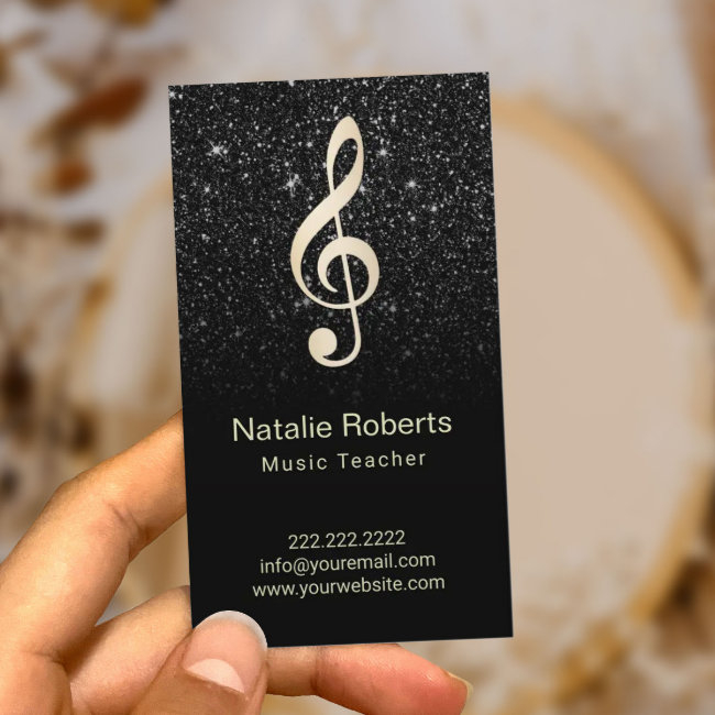 Music Teacher Musical Clef Logo Black Glitter Business Invitations