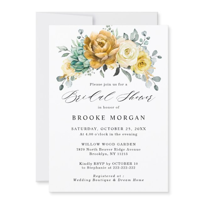 Mustard Yellow Floral Sage Greenery Bridal Shower Invitation