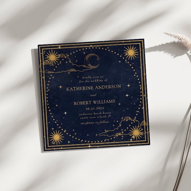 Mystical Celestial Gold Moon Stars Square Wedding Invitation
