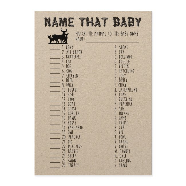 Name That Baby Shower Game, Baby Animals Matching Invitation