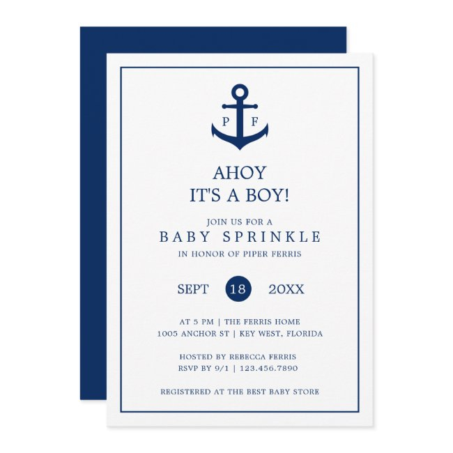 Nautical Anchor Monogram Boy Baby Sprinkle Invitation