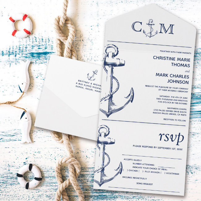 Nautical Anchor Wedding Song Request White Meal All In One Invitation