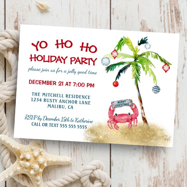 Nautical Crab Tropical Palm Coastal Christmas Invitation