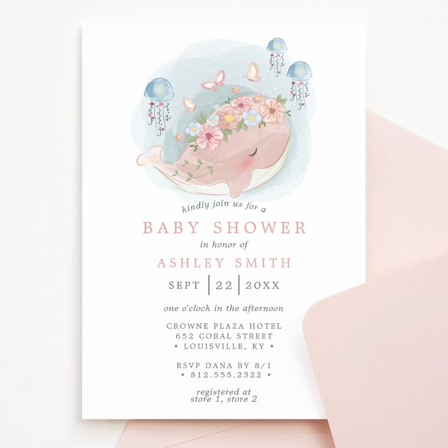 Nautical Pink Whale Jellyfish Girl Baby Shower Invitation