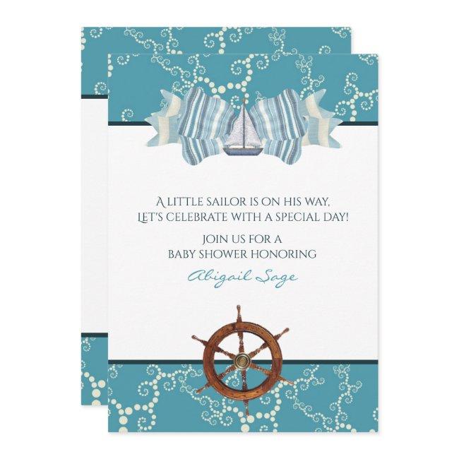 Nautical Sailboat And Boat Wheel Baby Shower Invitation