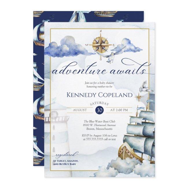 Nautical Sailing Ship New Adventure Baby Shower In Invitation