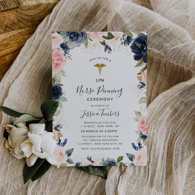 Navy And Blush Floral Nurse Pinning Ceremony Invitation
