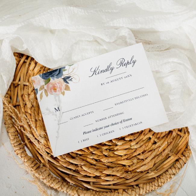 Navy And Blush Pink Floral Meal Choice Rsvp Invitations