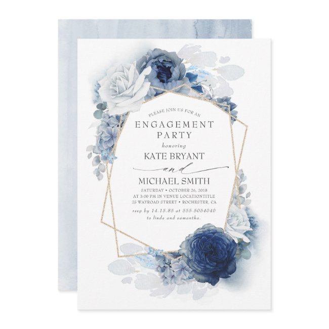 Navy And Dusty Blue Floral Modern Engagement Party Invitation