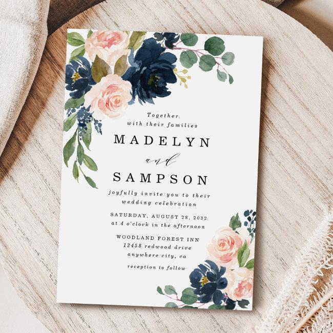 Navy Blue And Blush Pink Floral Country Wedding Invitation