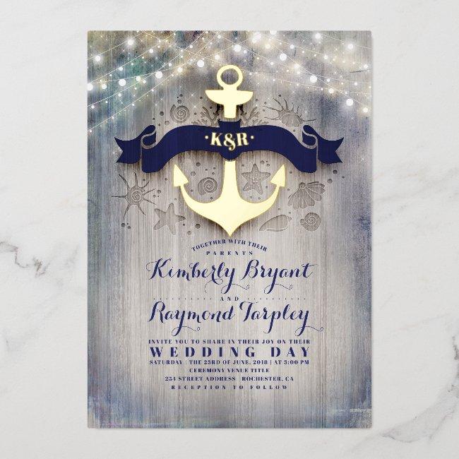 Navy Blue And Gold Anchor Rustic Beach Wedding Foil Invitation