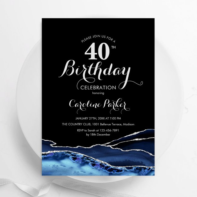 Navy Blue Black Silver Agate 40th Birthday Invitation