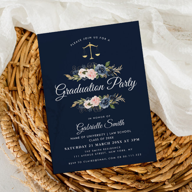 Navy Blue Blush Floral Law School Graduation Party Invitation