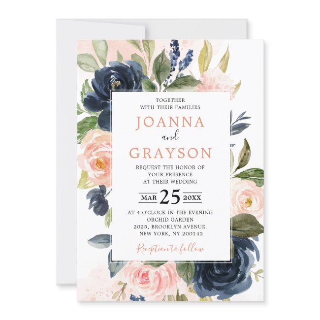 Navy Blue Blush Pink Rose Boho Geometric Wedding Invitation