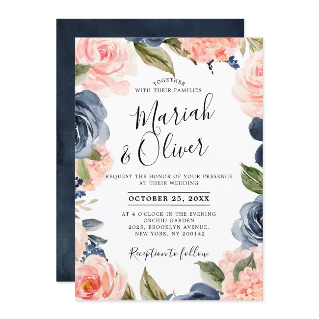 Navy Blue Blush Pink Rose Boho Wedding Invitation