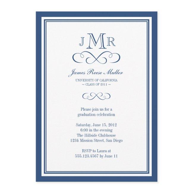 Navy Blue Border Frame Classy Monogram Graduation Invitation