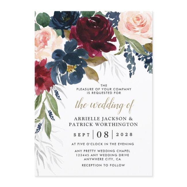 Navy Blue Burgundy Blush Pink Silver Gold Wedding Invitation