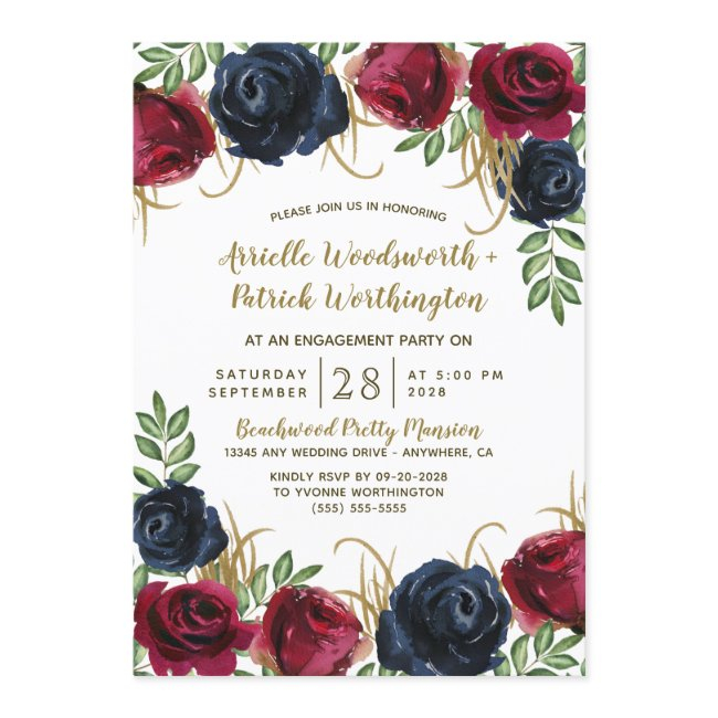 Navy Blue Burgundy Engagement Party Invitations