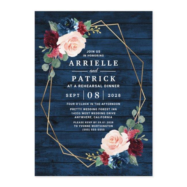 Navy Blue Burgundy Gold Blush Rehearsal Dinner Invitation