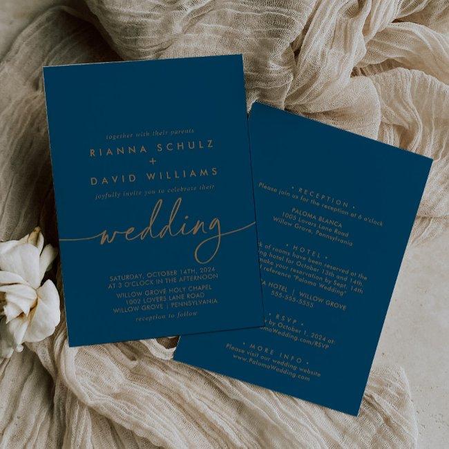 Navy Blue Gold Classic Front & Back Wedding Invitation