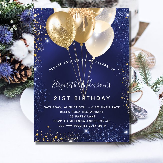 Navy Blue Gold Glitter Sparkle Balloons Birthday Invitation