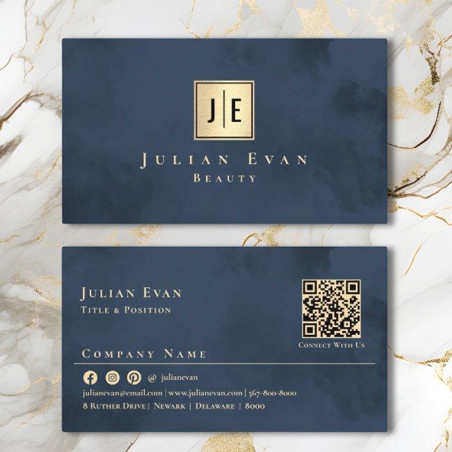 Navy Blue Gold Luxury Monogram Business Invitations