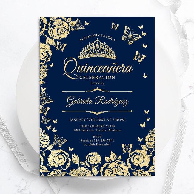 Navy Blue Gold Roses Butterflies Quinceanera Invitation