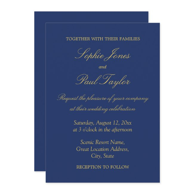 Navy Blue Golden Beige Elegant Wedding Invitation