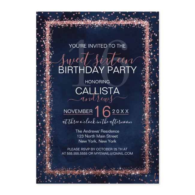 Navy Blue Rose Gold Sprinkled Confetti Sweet 16 Invitation
