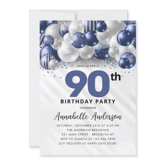 Navy Blue Silver Balloon Glitter 90th Birthday Invitation