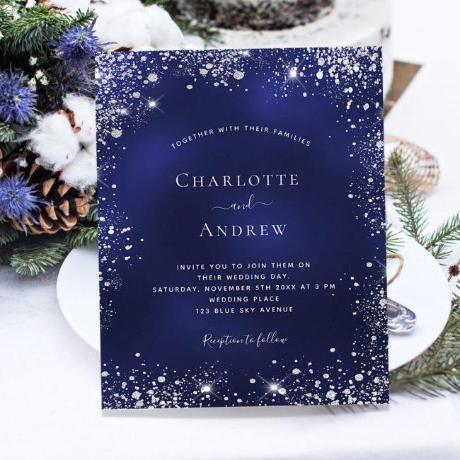 Navy Blue Silver Glitter Qr Wedding Invitation