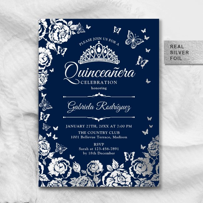 Navy Blue Silver Roses Quinceanera Rsvp Qr Code Foil Invitation