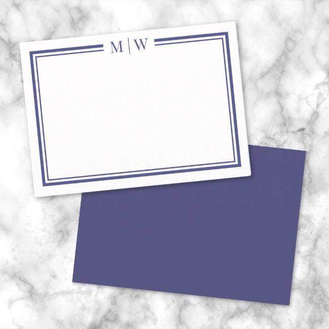 Navy Blue Two Border Minimalist Monogram Note Invitations