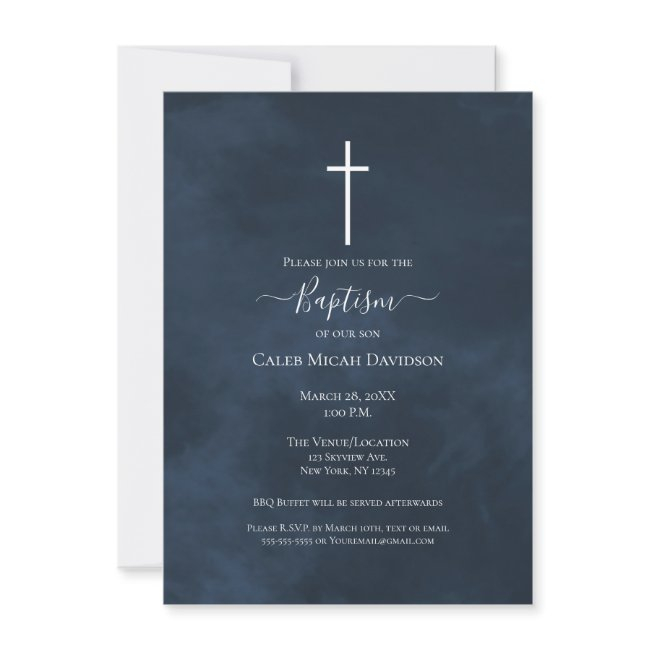Navy Blue & White Cross Modern Baptism  Invitation