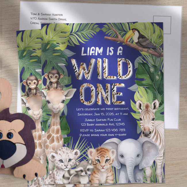 Navy Blue Wild One, Jungle Animals 1st Birthday Invitation Postinvitations