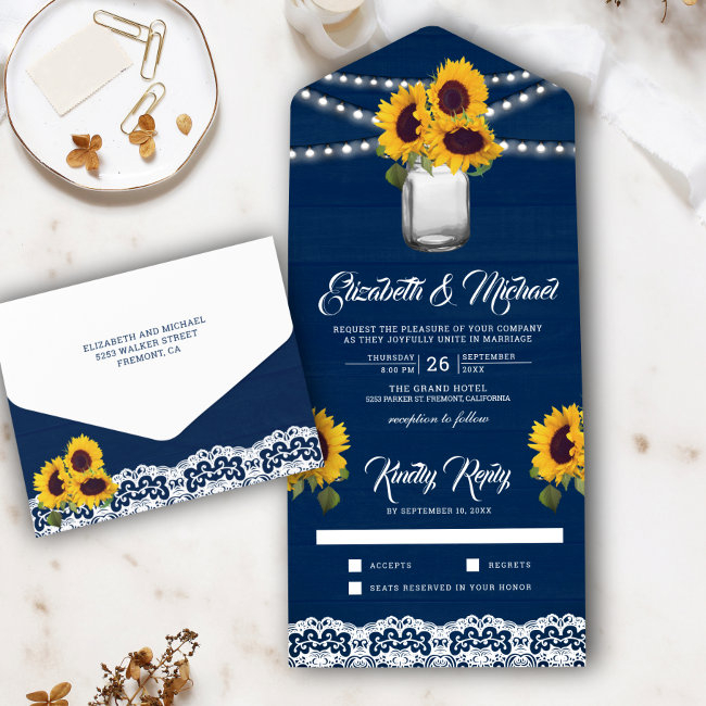 Navy Blue Wood Lace Sunflowers Mason Jar Wedding All In One Invitation