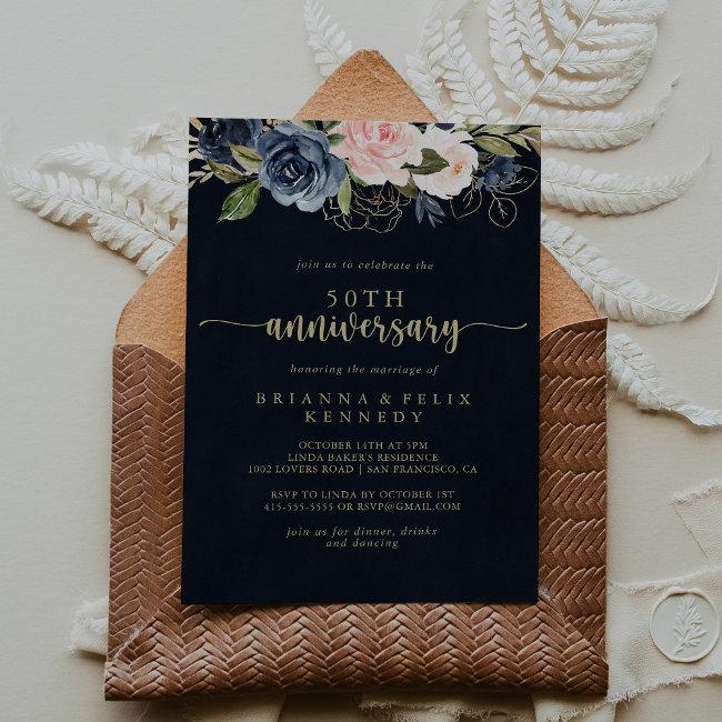 Navy Blush Floral Gold 50th Wedding Anniversary Invitation