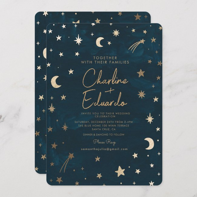 Navy Celestial Gold Stars Moon Astronomy Wedding Invitation