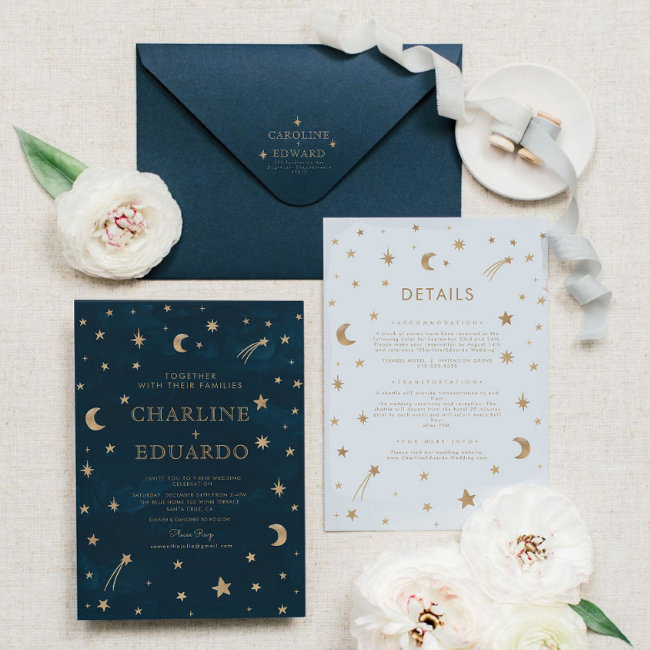 Navy Celestial Gold Stars Moon Elegant Wedding Invitation