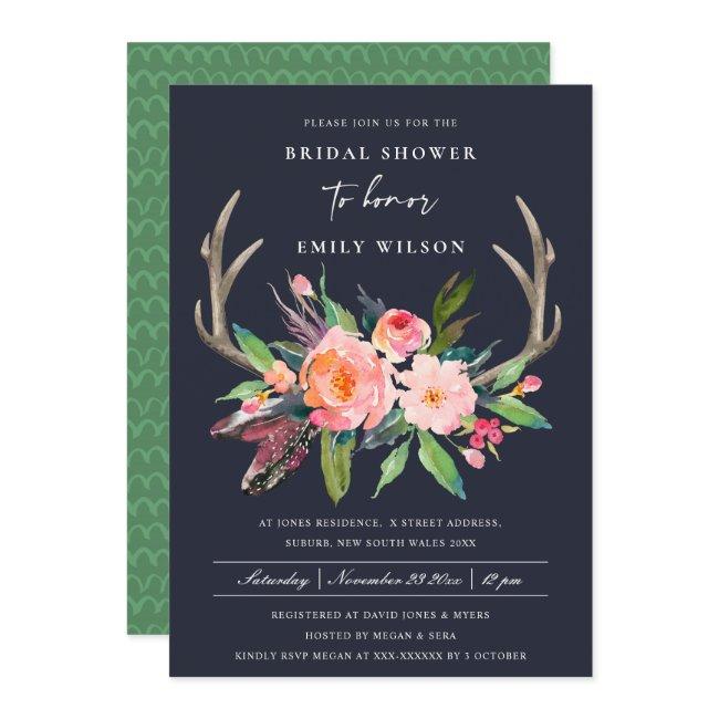 Navy Chic Boho Blush Antler Floral Bridal Shower Invitation