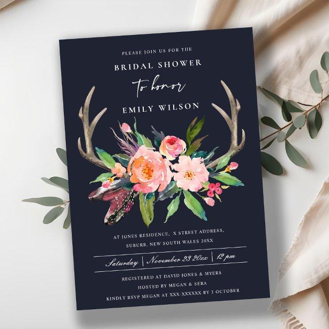 Navy Chic Boho Blush Antler Floral Bridal Shower Invitation