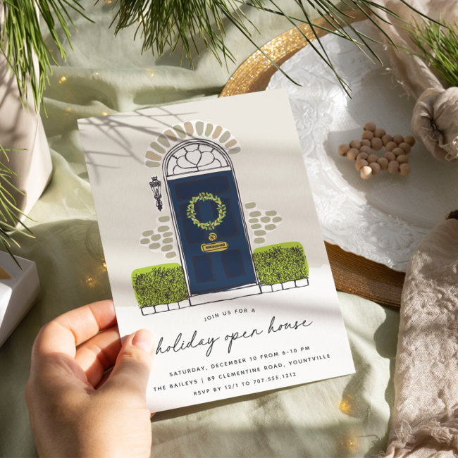 Navy Christmas Door | Holiday Open House Invitation