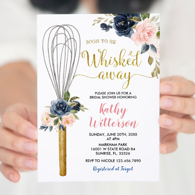 Navy Floral Soon To Be Whisked Away Bridal Shower Invitation